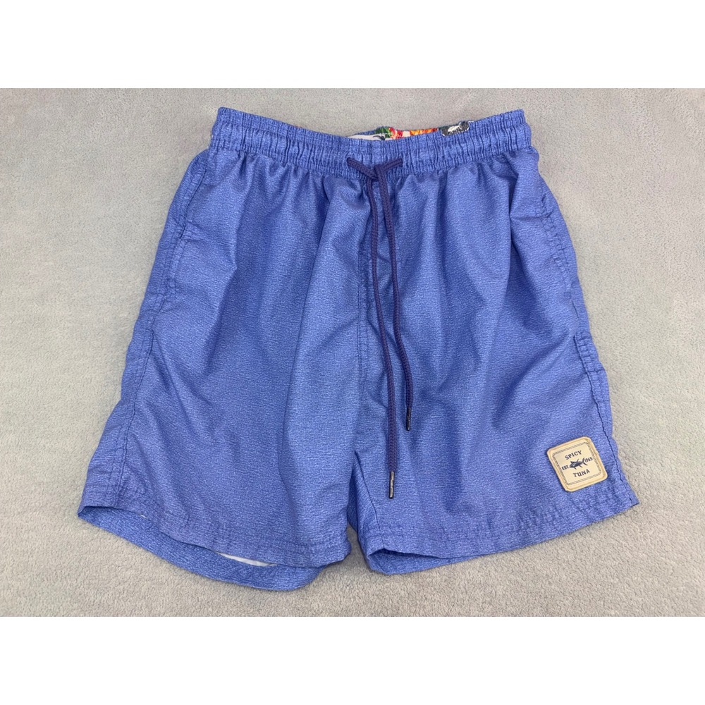 Spicy Tuna Mens Small Blue Textured Swim Trunks Drawstring Mesh Lined Shorts New